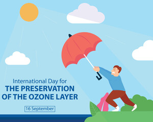 illustration vector graphic of a man takes shelter from the hot sun during the day with an umbrella, perfect for international day, the preservation of the ozone layer, celebrate, greeting card, etc.