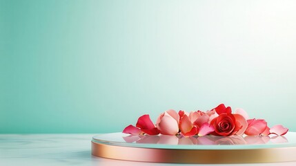 Frosted glass podium with rose petals and gold accents, placed in a luxurious, softly illuminated space