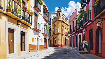 Obraz premium Spanish Flat Design Street Corner, Realism Art, Vibrant City Life, Cultural Heritage Scene
