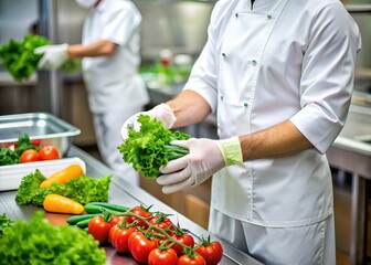 Crisp white sanitary gloves carefully handling fresh vegetables, emphasizing food safety and cleanliness in a modern commercial kitchen or restaurant setting.