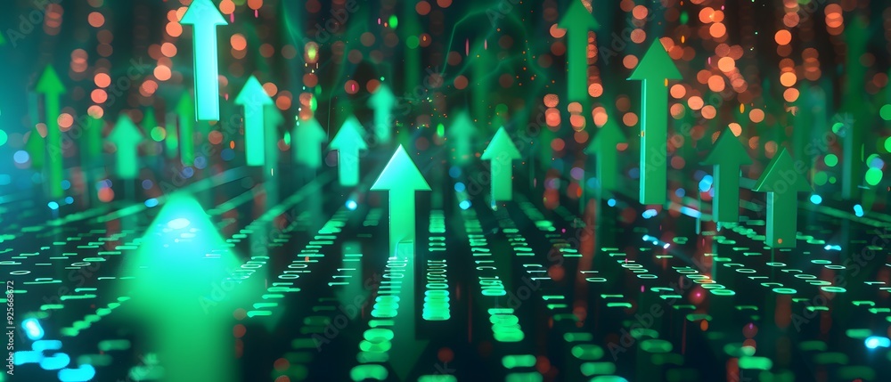 Aufkleber 3d rendering of glowing green arrows pointing upwards on a digital background with blue lights and b