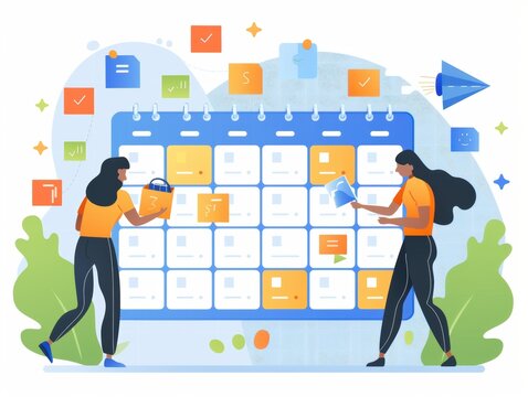 Two women are working on a calendar, with a variety of colorful stickers and notes scattered throughout the page