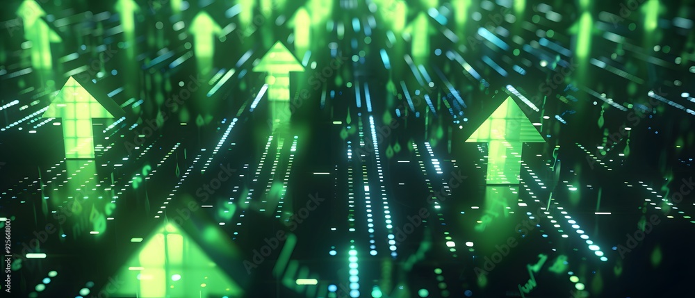 Aufkleber 3d rendering of glowing green arrows pointing upwards on a digital background with blue lights and b