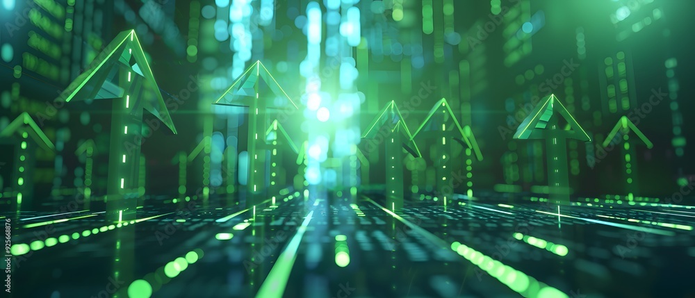 Poster 3d rendering of glowing green arrows pointing upwards on a digital background with blue lights and b