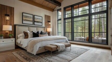 Modern Bedroom Interior With Large Windows And Forest View.