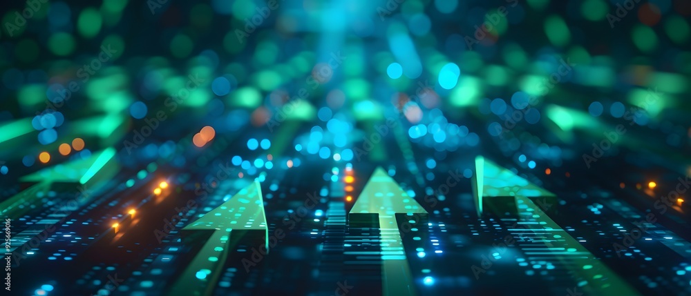 Poster 3d rendering of glowing green arrows pointing upwards on a digital background with blue lights and b