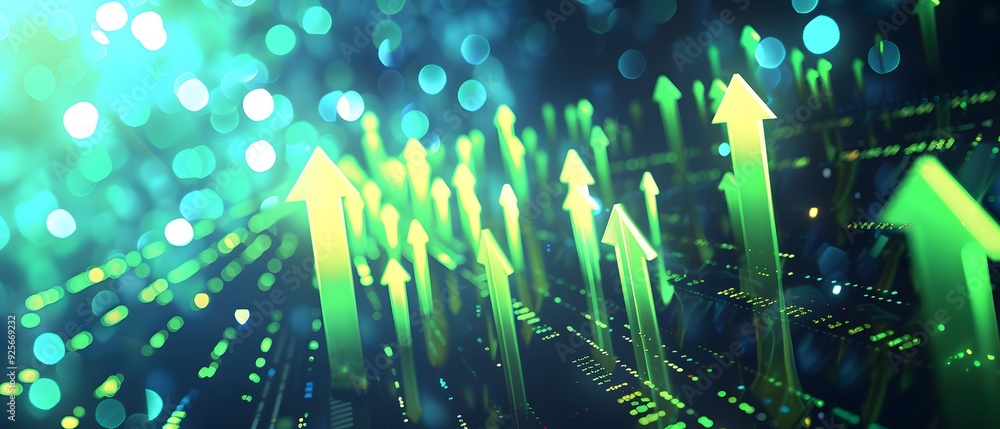 Aufkleber 3d rendering of glowing green arrows pointing upwards on a digital background with blue lights and b