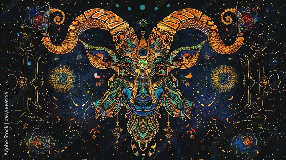 Wall mural cosmic ram: a psychedelic tapestry of stars and mythology