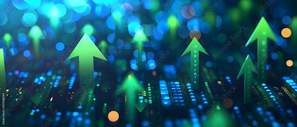 Poster 3d rendering of glowing green arrows pointing upwards on a digital background with blue lights and b