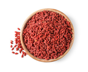 Dried goji berries in bowl isolated on white, top view