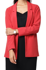 Woman in red jacket and black dress on white background, closeup