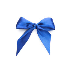 One blue satin bow isolated on white, top view