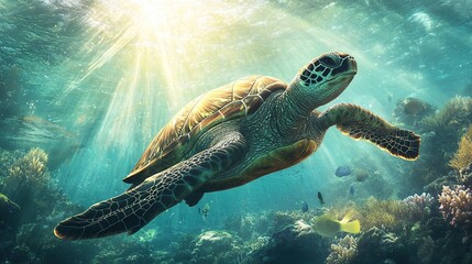 Fototapeta premium Sea Turtle Swimming in the Ocean with Sunbeams.