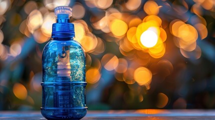 A blue bottle with a blue cap sits on a wooden table. The bottle is placed on a table in front of a tree