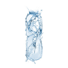 Water splashing in contour of bottle on white background