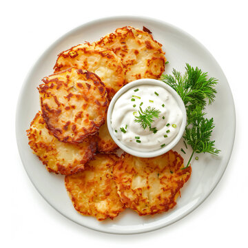 a plate of potato pancakes with a dip
