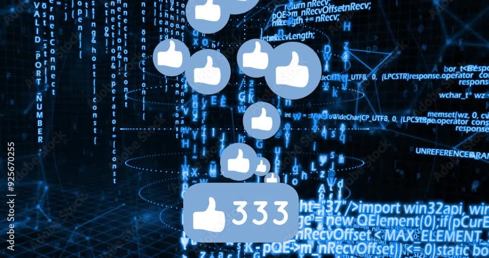 Poster thumbs up icons and numbers animation over digital data and binary code background