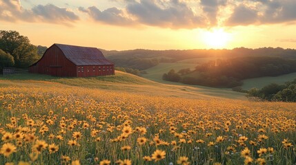 Red Barn at Sunset with Yellow Wildflowers.