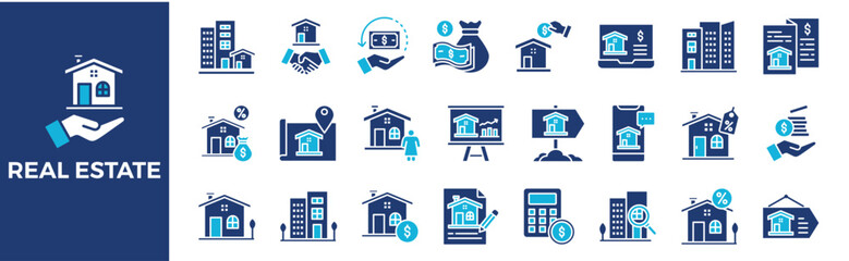 Real Estate icon collection set. Containing design, property, investment, house, mortgage, home, and more. Solid vector icons collection.	