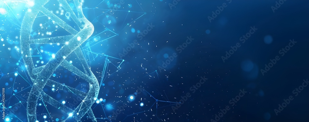 Poster abstract futuristic background with double helix and digital elements, illustration of dna structure