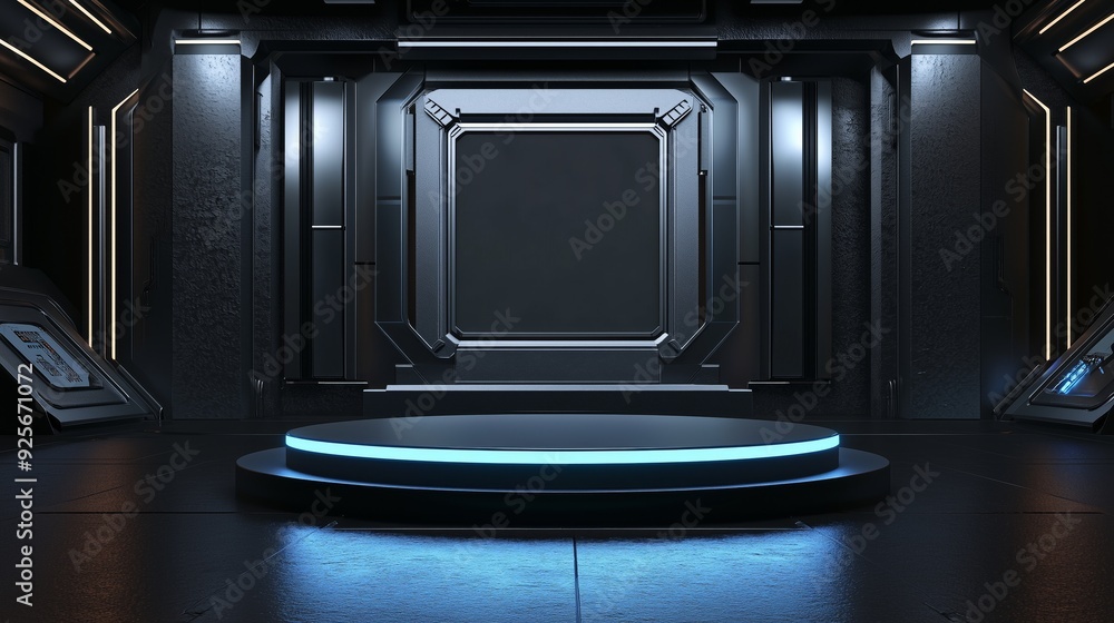 Poster a photo of an empty 3d podium in a gaming room with a virtual reality setup and motion sensors, isol