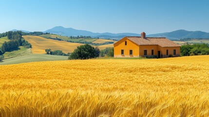 Rural house in a golden field of wheat.