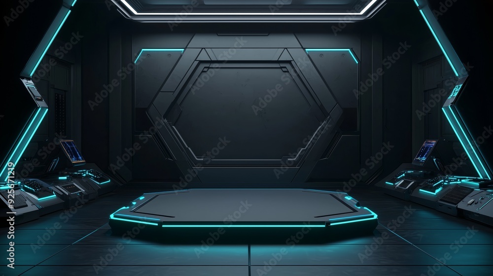 Poster a photo of an empty 3d podium in a gaming room with a futuristic design and multiple gaming setups, 