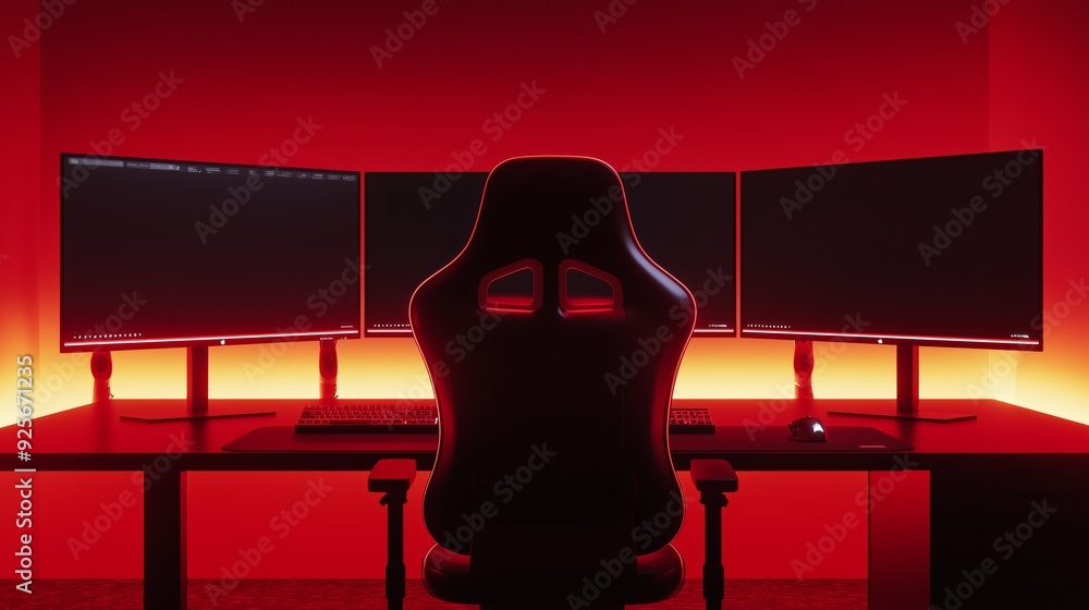 Poster a photo of an empty 3d podium in a gaming room with a multi-monitor setup and ergonomic gaming chair