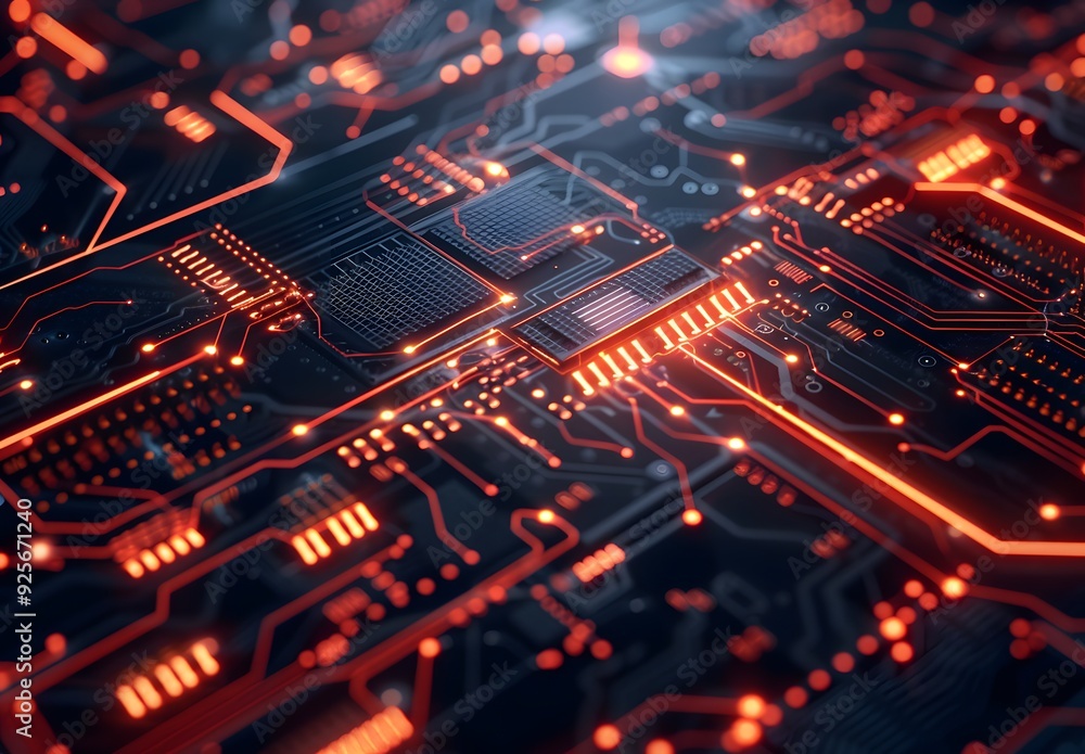 Poster the concept of futuristic chip, digital tech circuit board corporate presentation on a dark grey bac