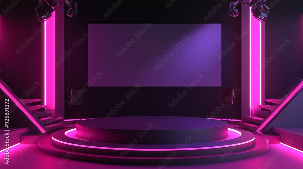 Poster a photo of an empty 3d podium in a gaming room with a projector screen and gaming setup, isolated on