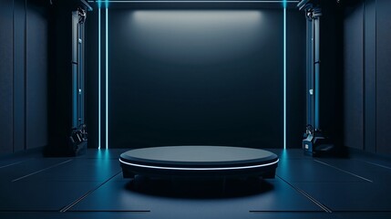 A photo of an empty 3D podium in a gaming room with a large screen and gaming chairs, isolated on a dark blue background