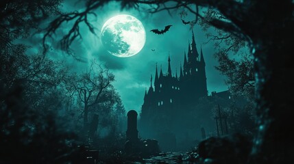 Haunted Castle Under Full Moon.
