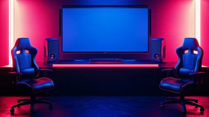 A photo of an empty 3D podium in a gaming room with a large screen and gaming chairs, isolated on a dark blue background