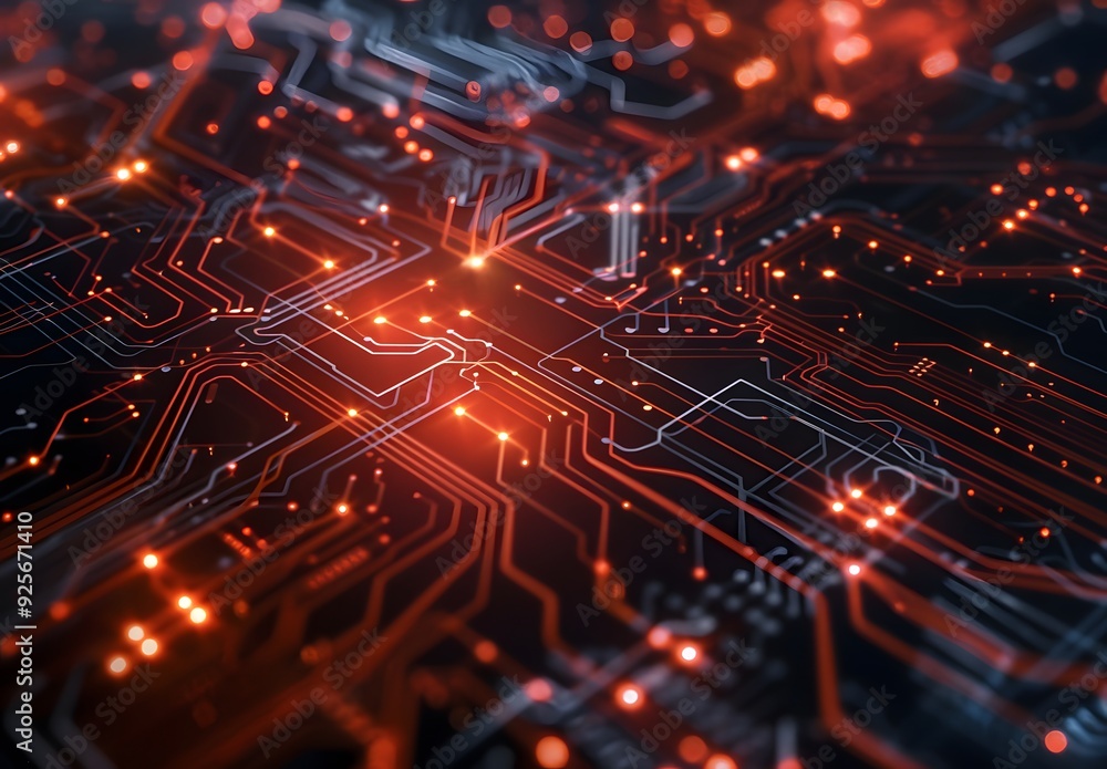 Poster the concept of futuristic chip, digital tech circuit board corporate presentation on a dark grey bac