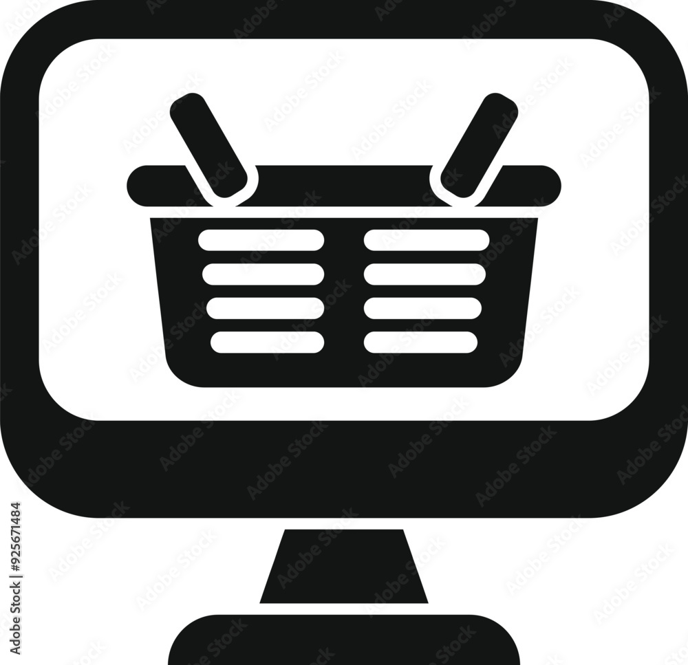 Poster simple vector of a shopping basket inside a computer monitor representing online shopping