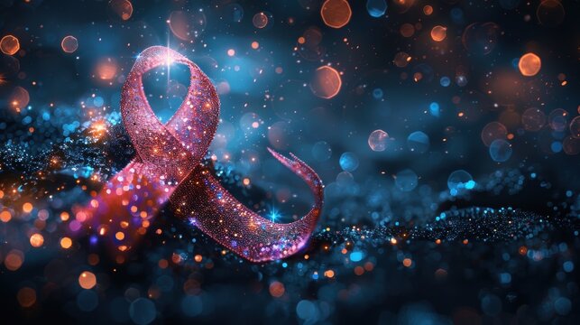 Fototapeta A pink ribbon with a blue background. The ribbon is surrounded by a lot of sparkles. The ribbon is a symbol of breast cancer awareness