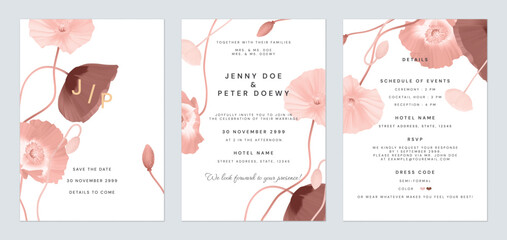 Wedding invitation template set, red poppy flowers on white background