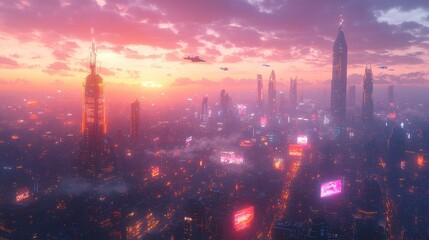 Fototapeta premium Futuristic City Skyline at Sunset.