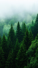 Lush green forest with tall trees shrouded in mist, creating a serene and misty atmosphere in the wilderness.