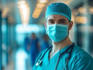Male doctor in mask and cap, close up portrait against hospital background, healthcare professional