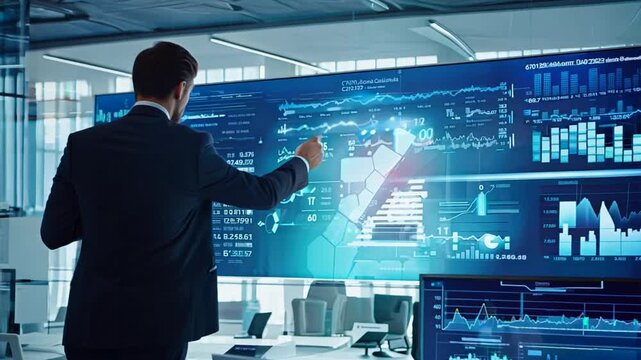Data Driven Decisions:  A focused businessman analyzes data displayed on a futuristic, interactive screen, showcasing the power of technology in modern business.