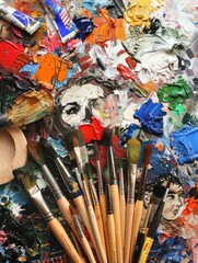 Fototapeta premium Close-up of a paint palette with brushes and paint tubes.