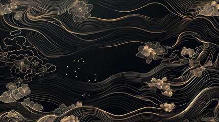 Golden Floral Waves on Black Background.