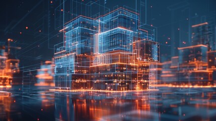 A futuristic cityscape with buildings made of blocks and a blue sky. The buildings are lit up with orange and blue lights, giving the impression of a futuristic metropolis