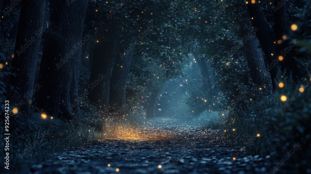 Poster enchanted forest path with fireflies.