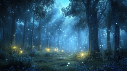 Enchanting Night Forest with Fairy Lights.
