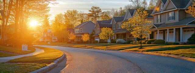 A street with houses on both sides and a sun setting in the background. The houses are all different sizes and styles