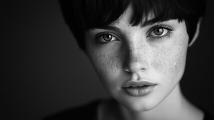 Black and White Portrait of Freckled Woman.
