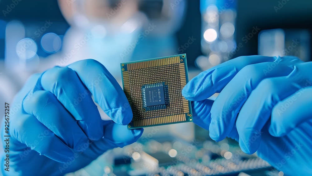 Poster a close-up of hands in blue gloves holding and examining a chip, with the backdrop showing white pro