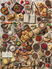 A Culinary Feast A Tabletop Still Life of Food and Ingredients.
